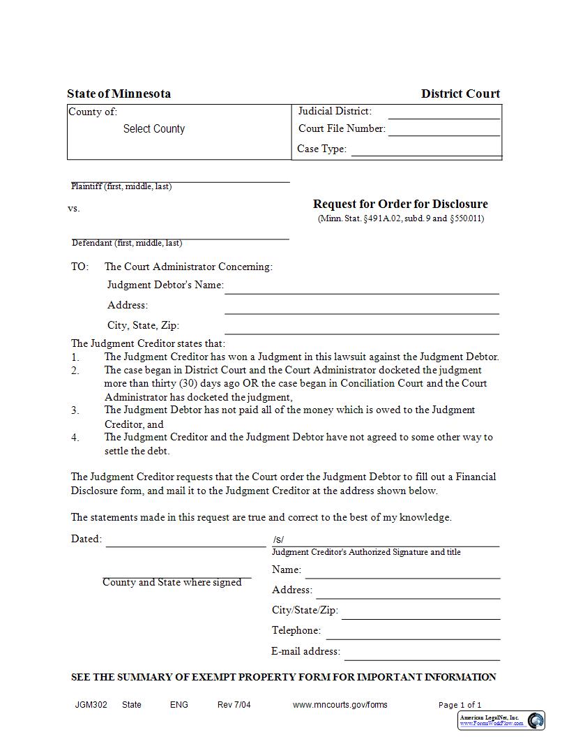 Request For Order For Disclosure {JGM-302} | Pdf Fpdf Docx | Minnesota