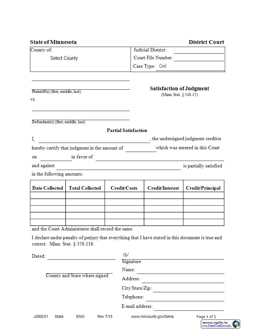 Satisfaction Of Judgment {JGM-201} | Pdf Fpdf Docx | Minnesota