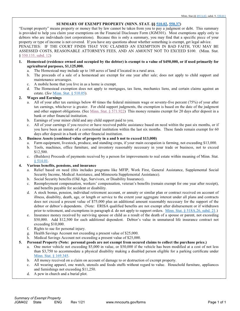 Summary Of Exempt Property {JGM-402} | Pdf Fpdf Doc Docx | Minnesota