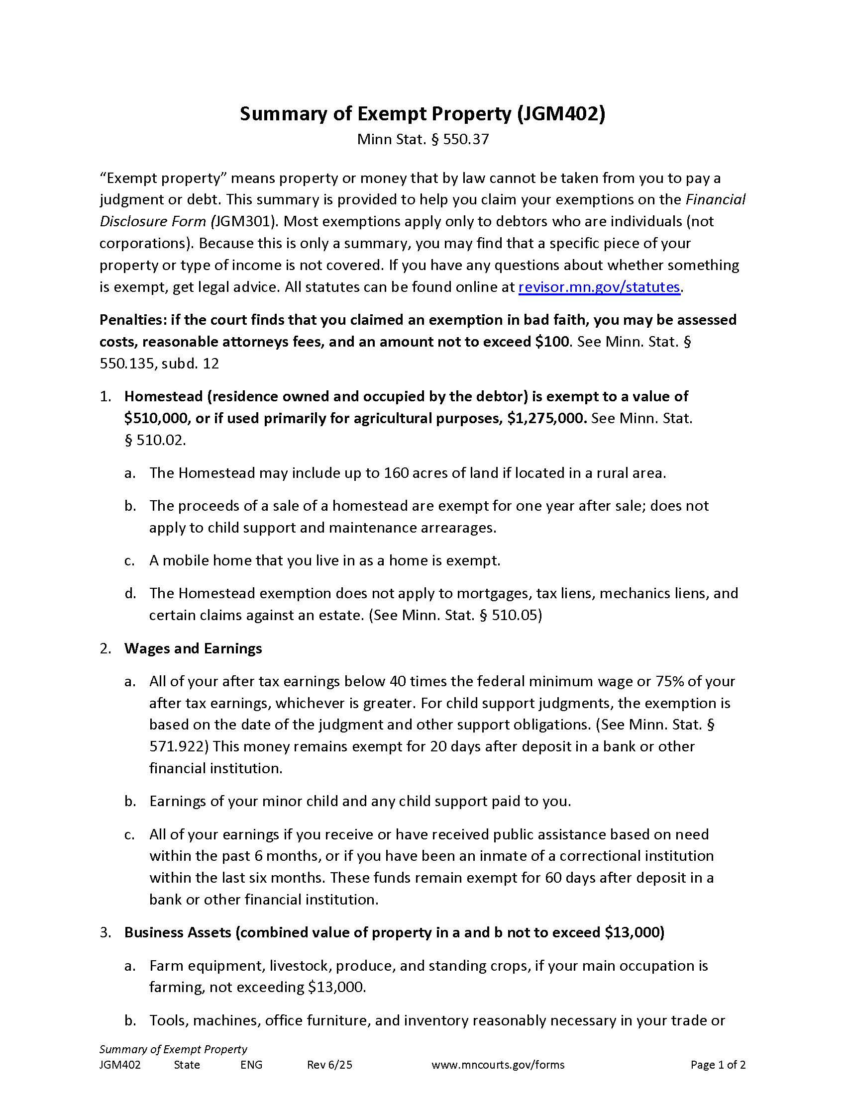 Summary Of Exempt Property {JGM-402} | Pdf Fpdf Doc Docx | Minnesota