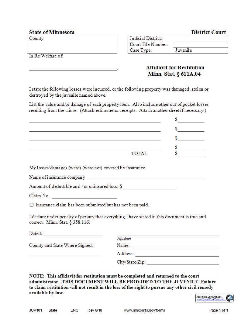 Affidavit For Restitution {JUV-101} | Pdf Fpdf Docx | Minnesota