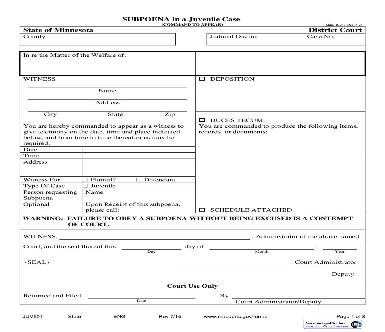 Juvenile Subpoena {JUV-501} | Pdf Fpdf Doc Docx | Minnesota