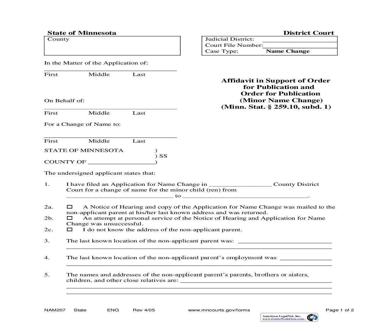 Affidavit In Support Of Order For Publication And Order For Publication (Minor Name Change) {NAM-207} | Pdf Fpdf Doc Docx | Minnesota