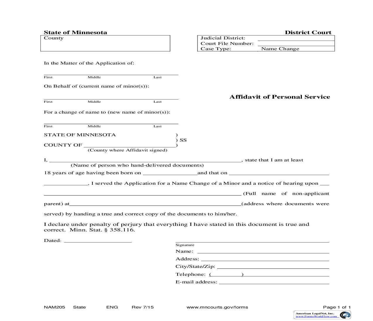 Affidavit Of Personal Service {NAM-205} | Pdf Fpdf Doc Docx | Minnesota