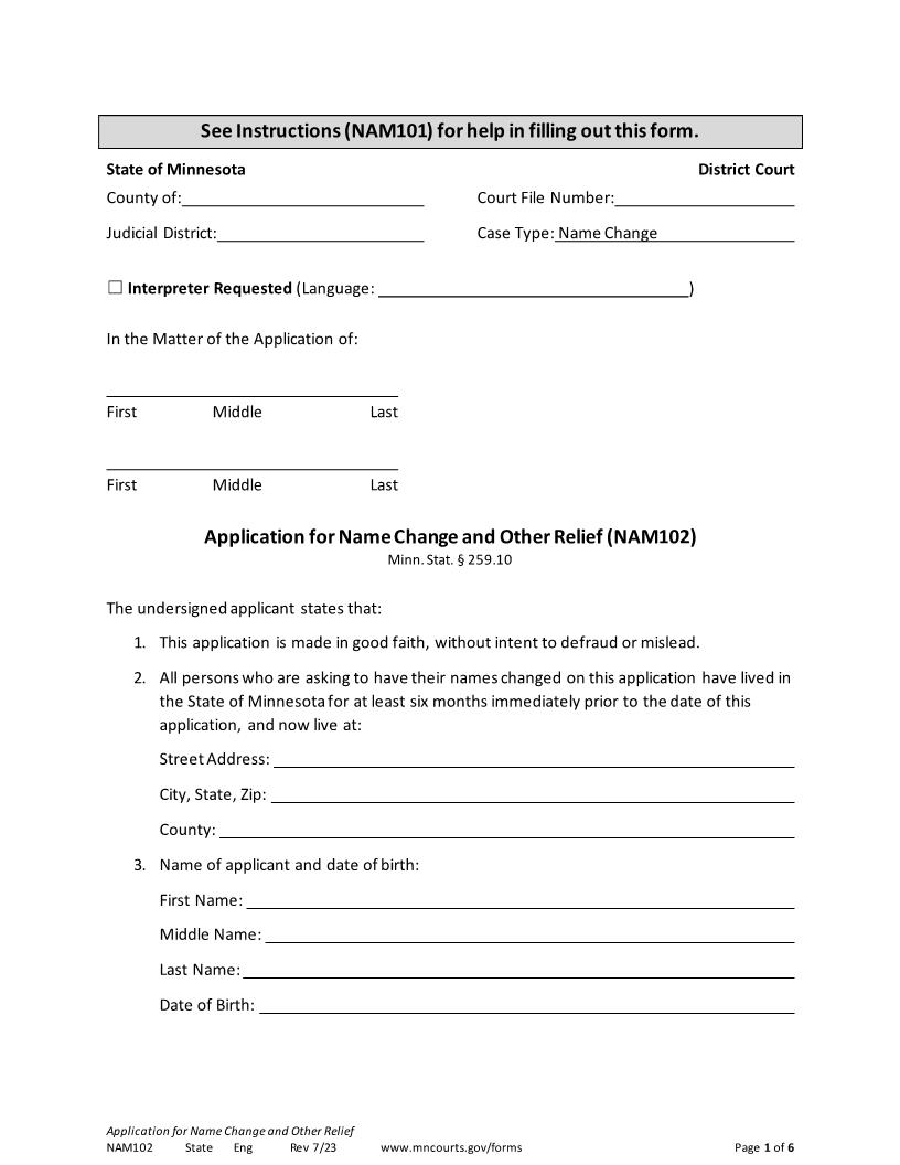 Application For Name Change {NAM-102} | Pdf Fpdf Doc Docx | Minnesota