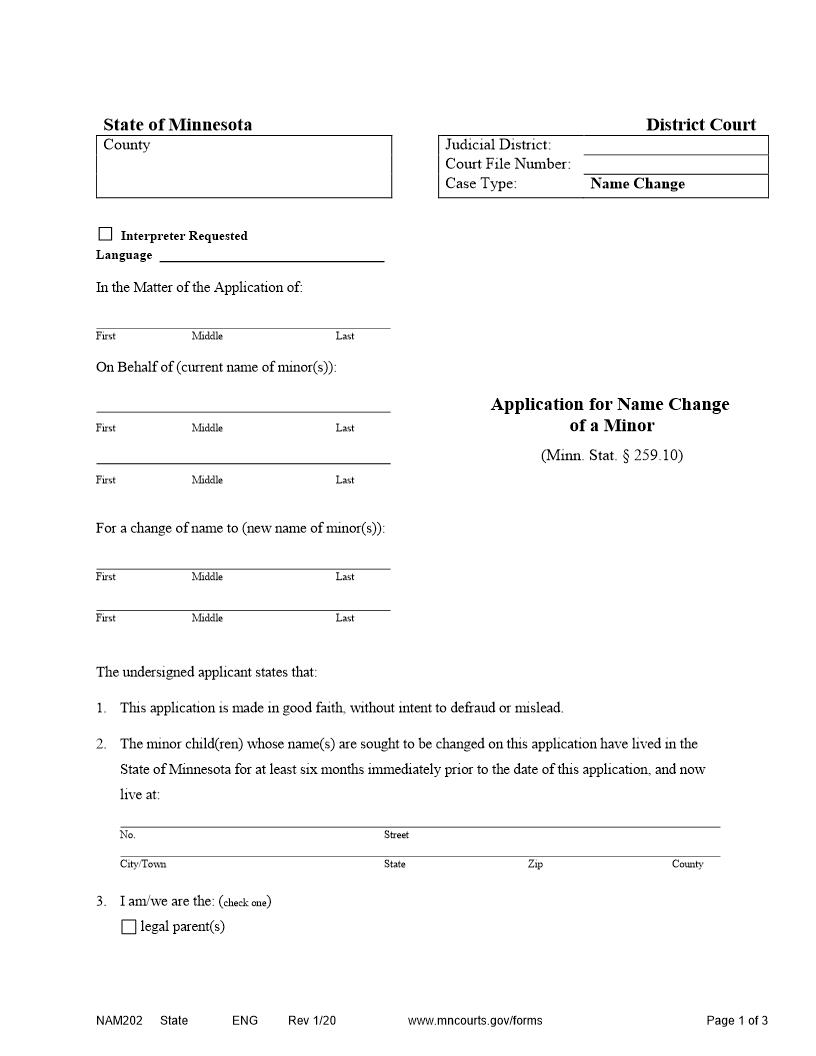 Application For Name Change Of Minor {NAM-202} | Pdf Fpdf Doc Docx | Minnesota