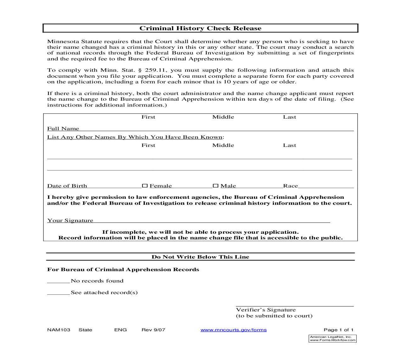 Criminal History Check Release {NAM-103} | Pdf Fpdf Doc Docx | Minnesota