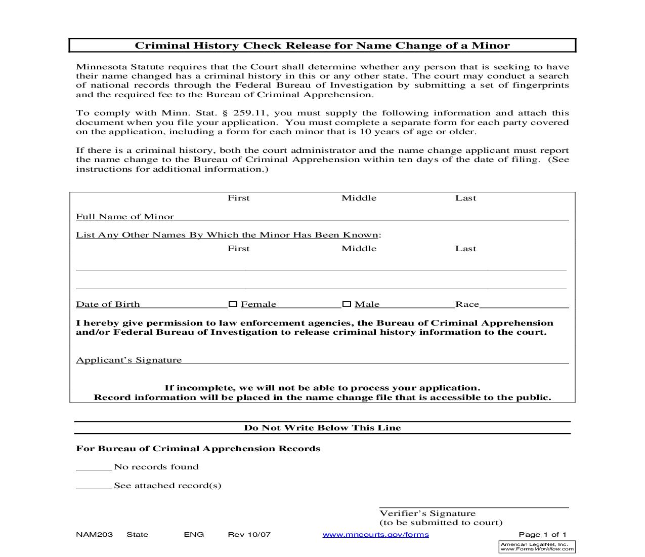Criminal History Check Release For Name Change Of Minor {NAM-203} | Pdf Fpdf Doc Docx | Minnesota