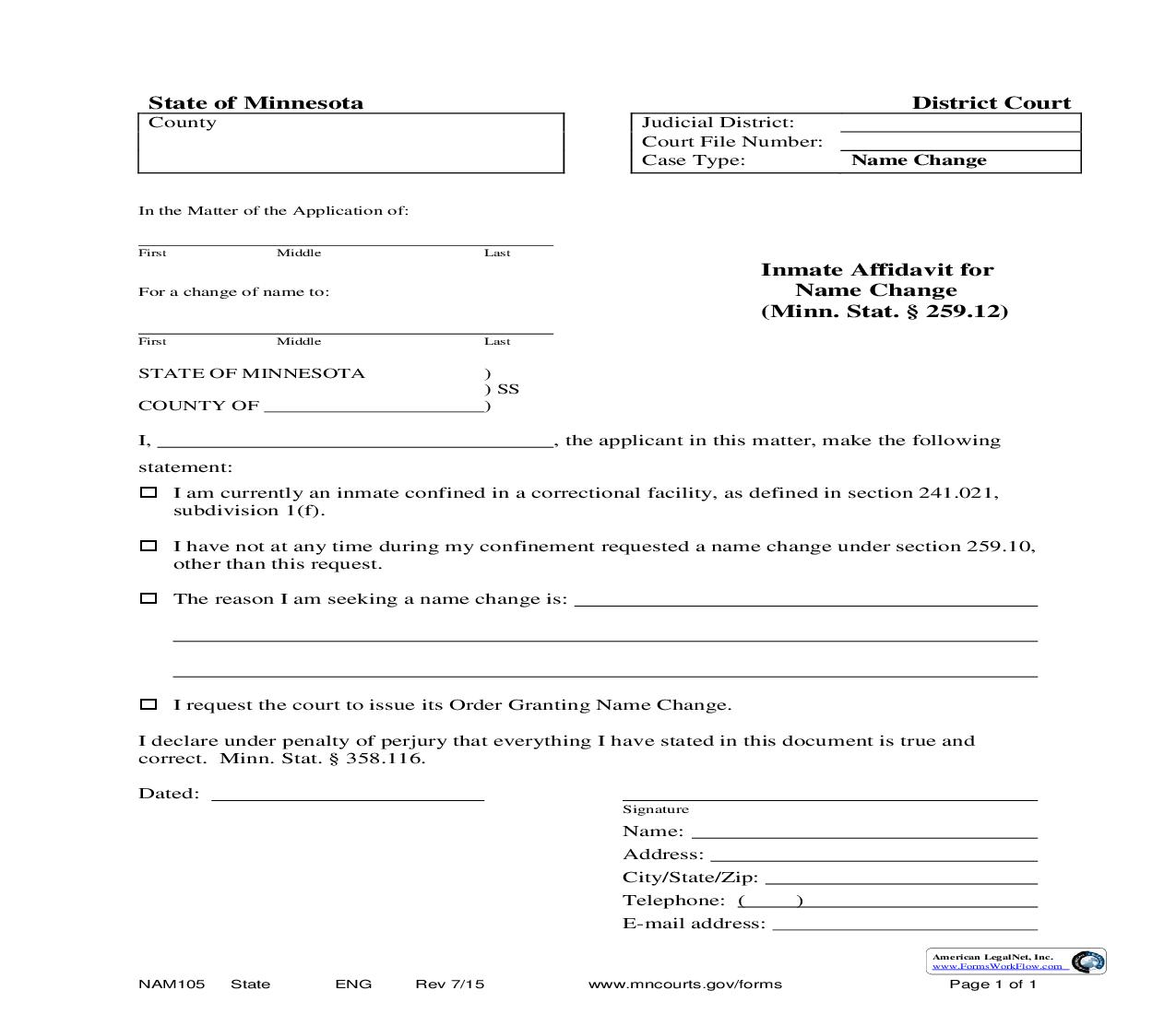 Inmate Affidavit For Name Change {NAM-105} | Pdf Fpdf Doc Docx | Minnesota