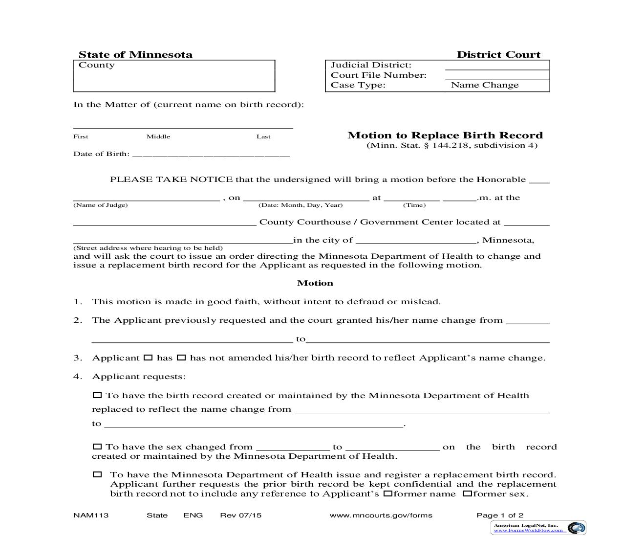 Motion To Replace Birth Record {NAM-113} | Pdf Fpdf Doc Docx | Minnesota