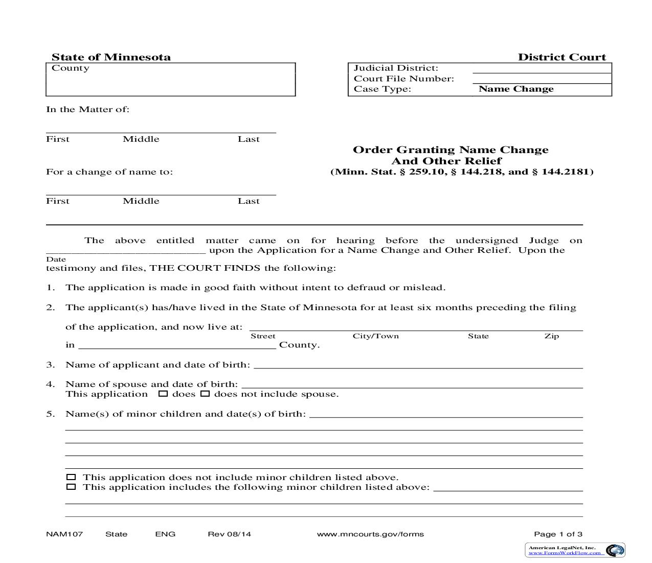 Order Granting Name Change {NAM-107} | Pdf Fpdf Doc Docx | Minnesota