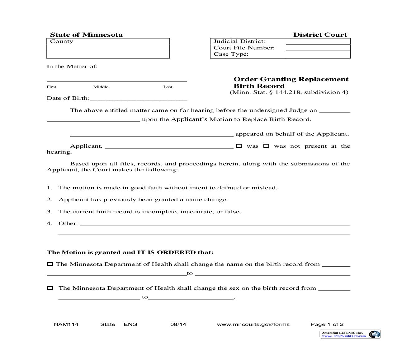 Order Granting Replacement Birth Record {NAM114} | Pdf Fpdf Doc Docx | Minnesota