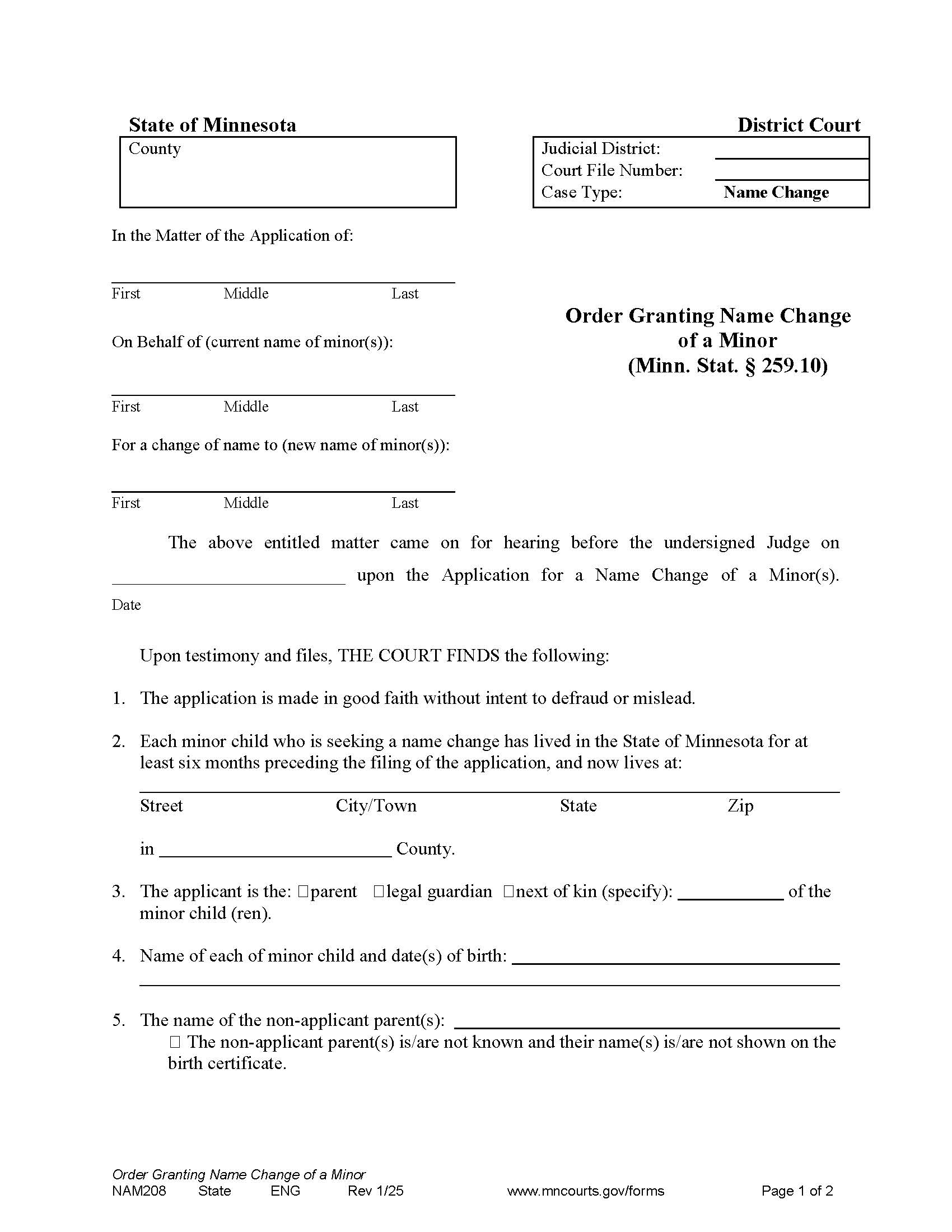 Proposed Order Granting Name Change Of A Minor {NAM-208} | Pdf Fpdf Doc Docx | Minnesota