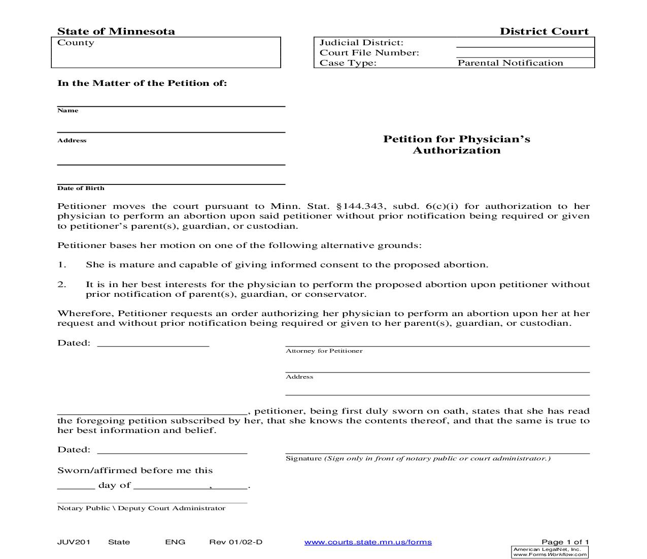 Petition For Physicians Authorization (Abortion) {JUV-201} | Pdf Fpdf Doc Docx | Minnesota