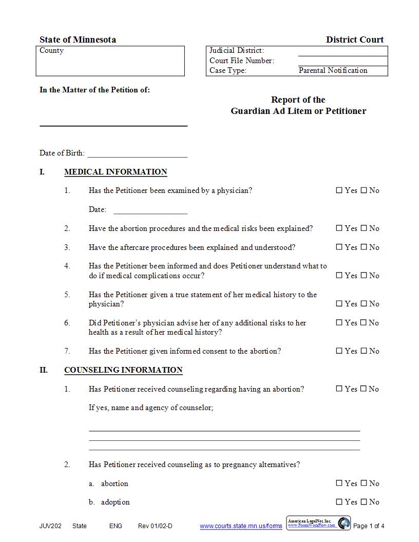 Report Of Guardian Ad Litem Or Petitioner (Abortion) {JUV-202} | Pdf Fpdf Docx | Minnesota