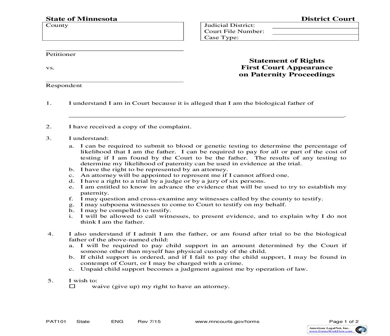 Statement Of Rights First Court Appearance On Paternity Proceedings {PAT-101} | Pdf Fpdf Doc Docx | Minnesota