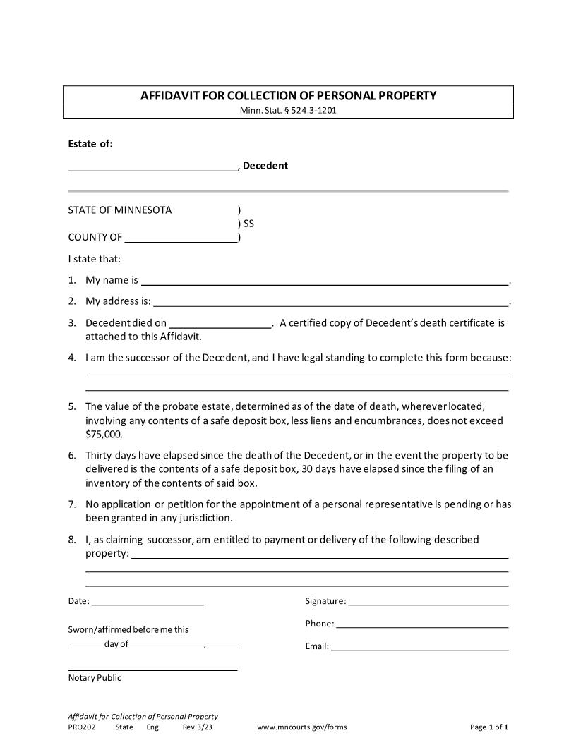 Affidavit For Collection Of Personal Property {PRO-202} | Pdf Fpdf Doc Docx | Minnesota
