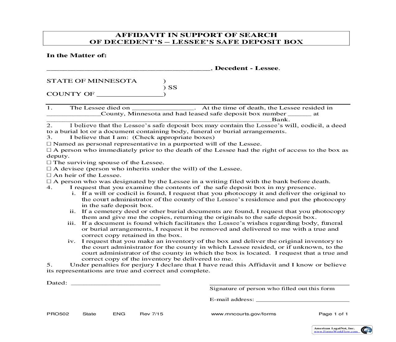 Affidavit In Support Of Search Of Decendents Or Lessees Safe Deposit Box {PRO-502} | Pdf Fpdf Doc Docx | Minnesota