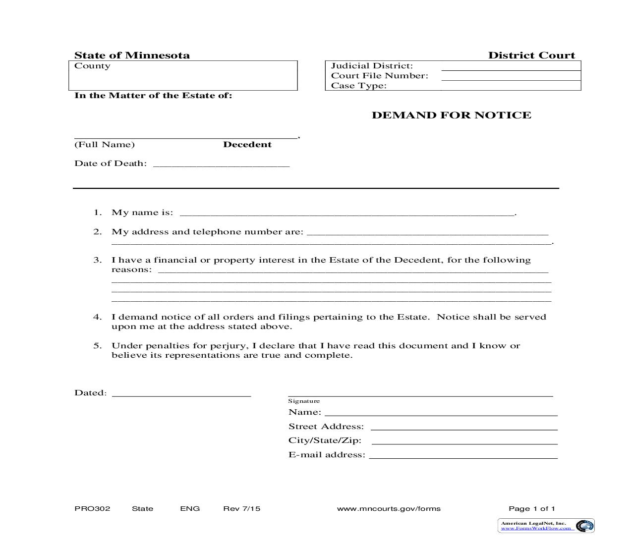 Demand For Notice {PRO-302} | Pdf Fpdf Doc Docx | Minnesota