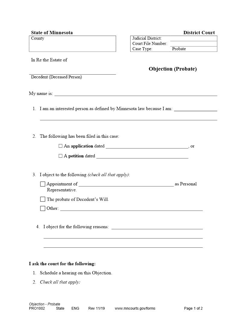 Objection Probate {PRO-1002} | Pdf Fpdf Docx | Minnesota
