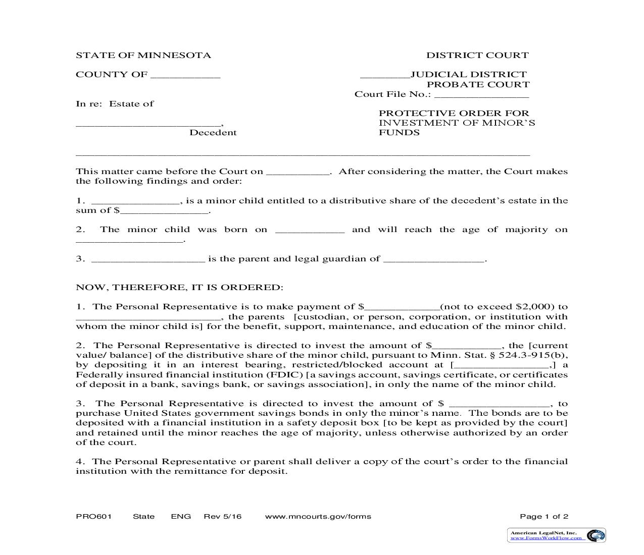 Protective Order For Investment Of Minors Funds {PRO-601} | Pdf Fpdf Doc Docx | Minnesota