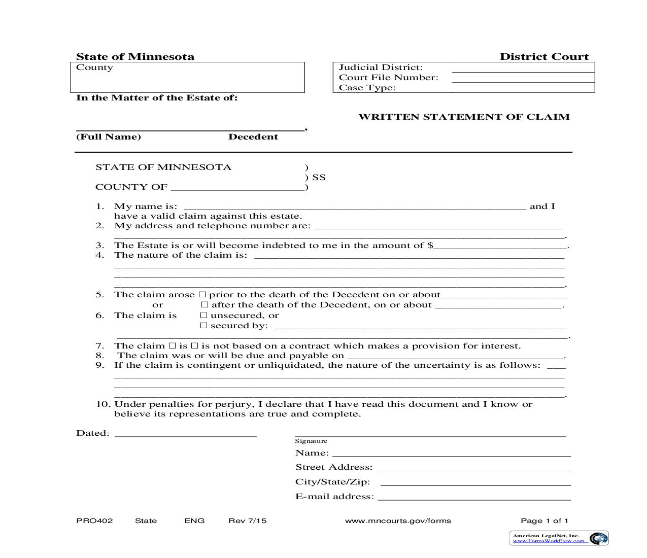 Written Statment Of Claim {PRO-402} | Pdf Fpdf Doc Docx | Minnesota
