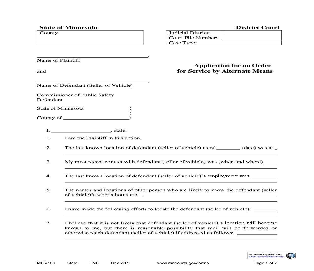 Application For An Order for Service By Alternate Means {MOV-109} | Pdf Fpdf Doc Docx | Minnesota