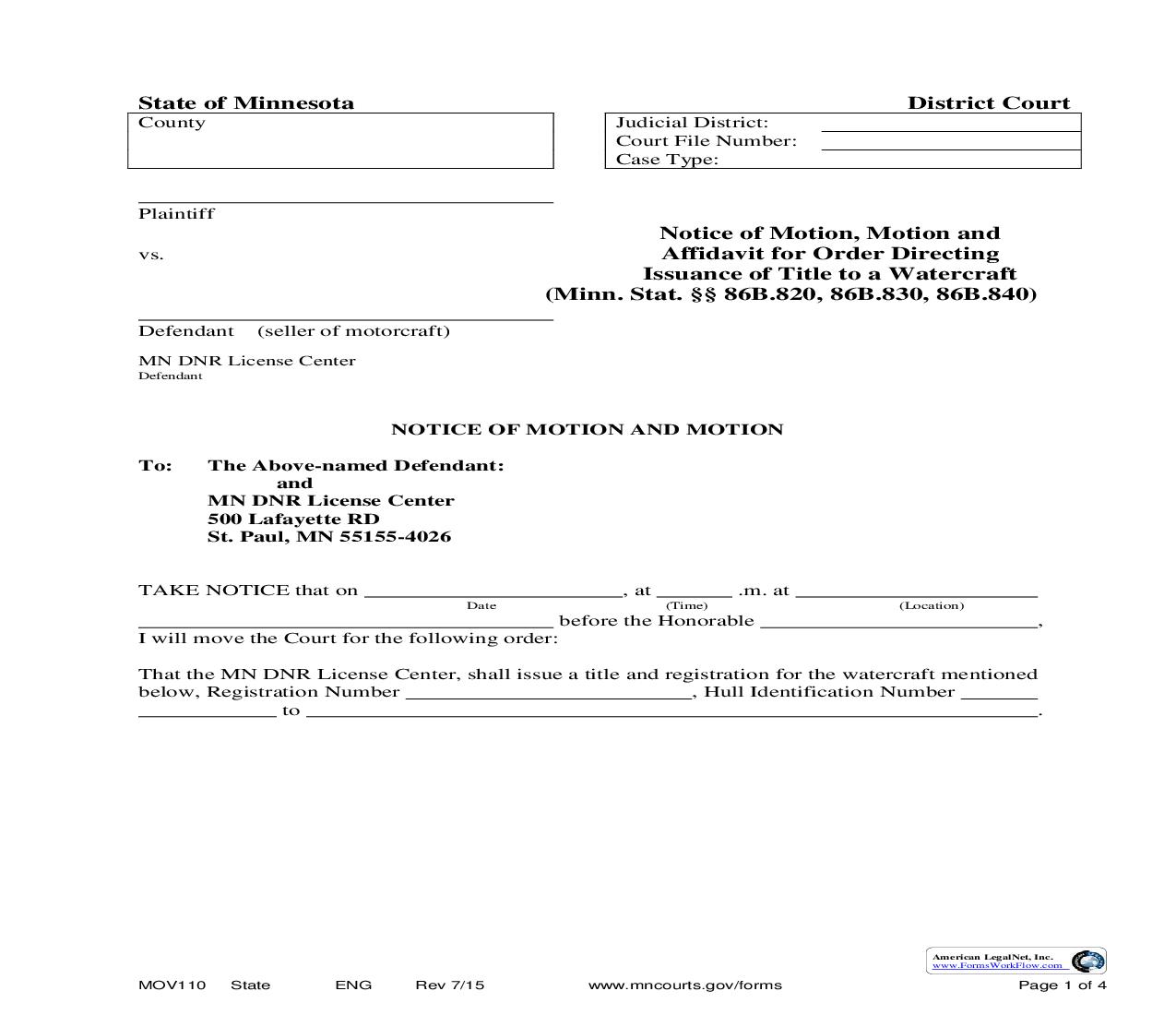 Motion And Affidavit For Order Directing Issuance Of Title To Watercraft {MOV-110} | Pdf Fpdf Doc Docx | Minnesota