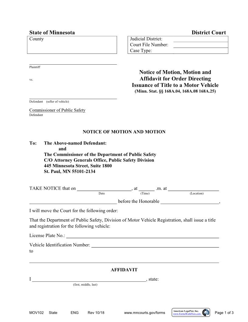 Notice Of Motion And Motion {MOV-102} | Pdf Fpdf Docx | Minnesota