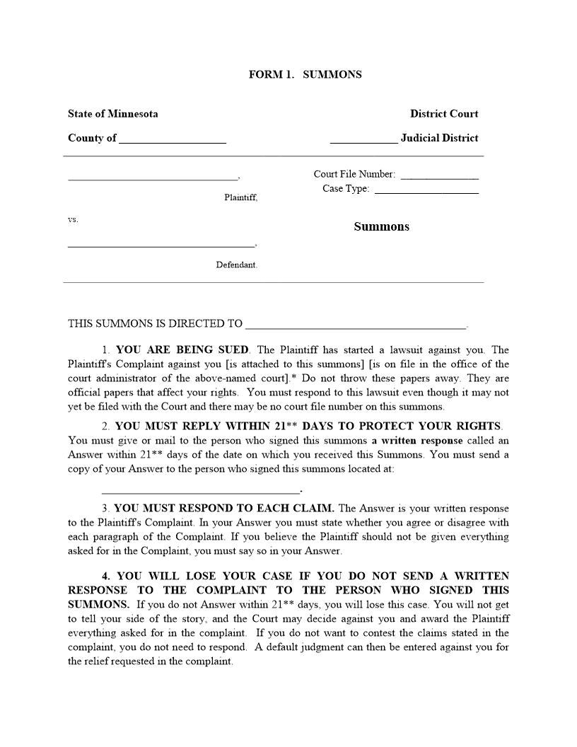 Summons | Pdf Fpdf Doc Docx | Minnesota