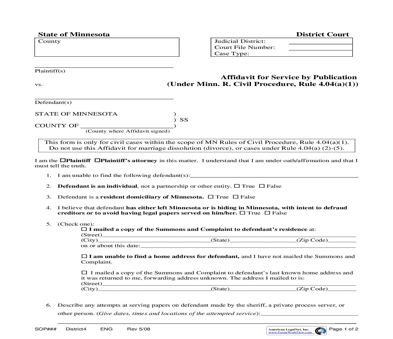 Affidavit For Service By Publication Rule 4.04 (a)(1) | Pdf Fpdf Doc Docx | Minnesota