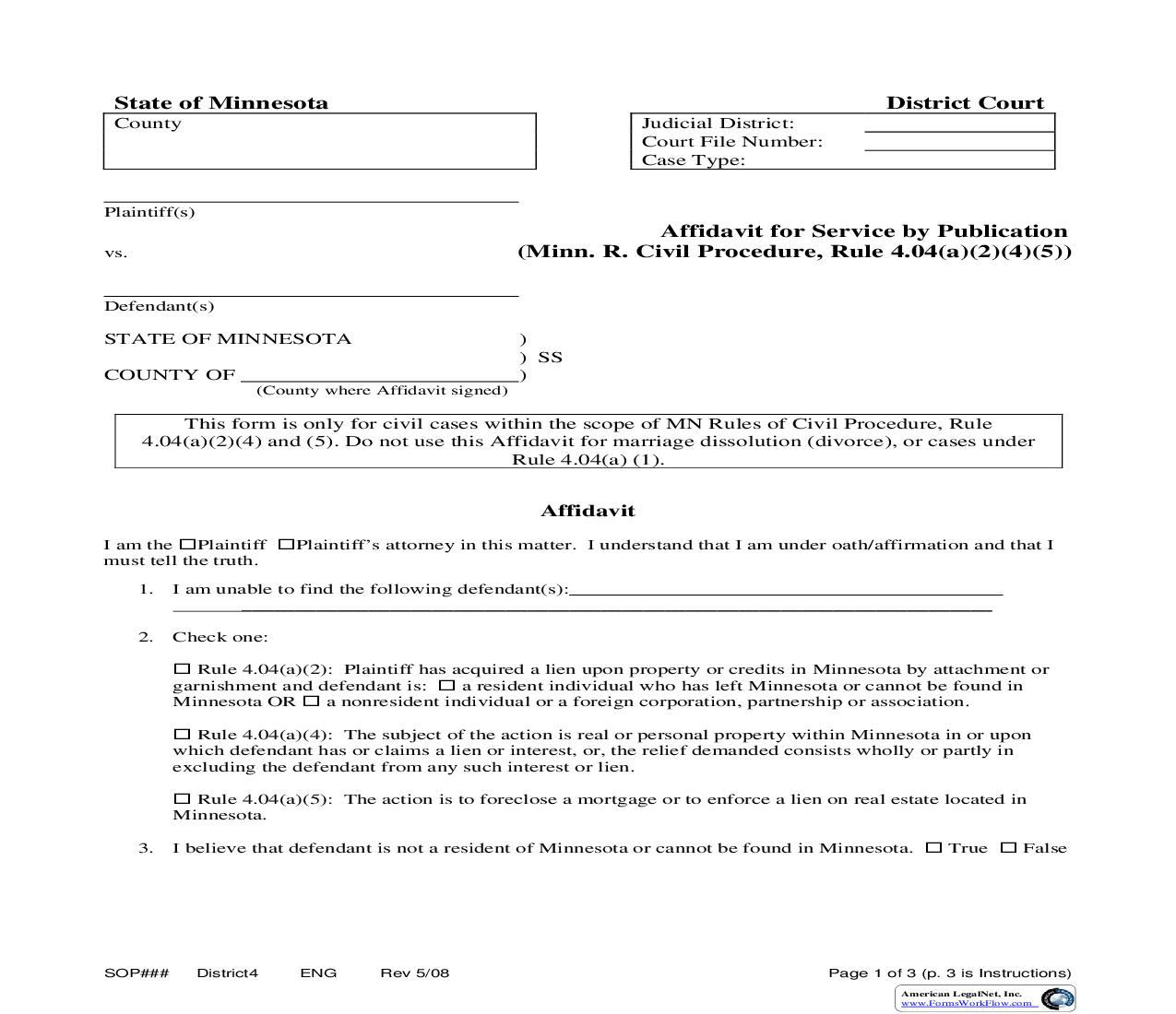 Affidavit For Service By Publication Rule 4.04 (a)(2,4,5) | Pdf Fpdf Doc Docx | Minnesota