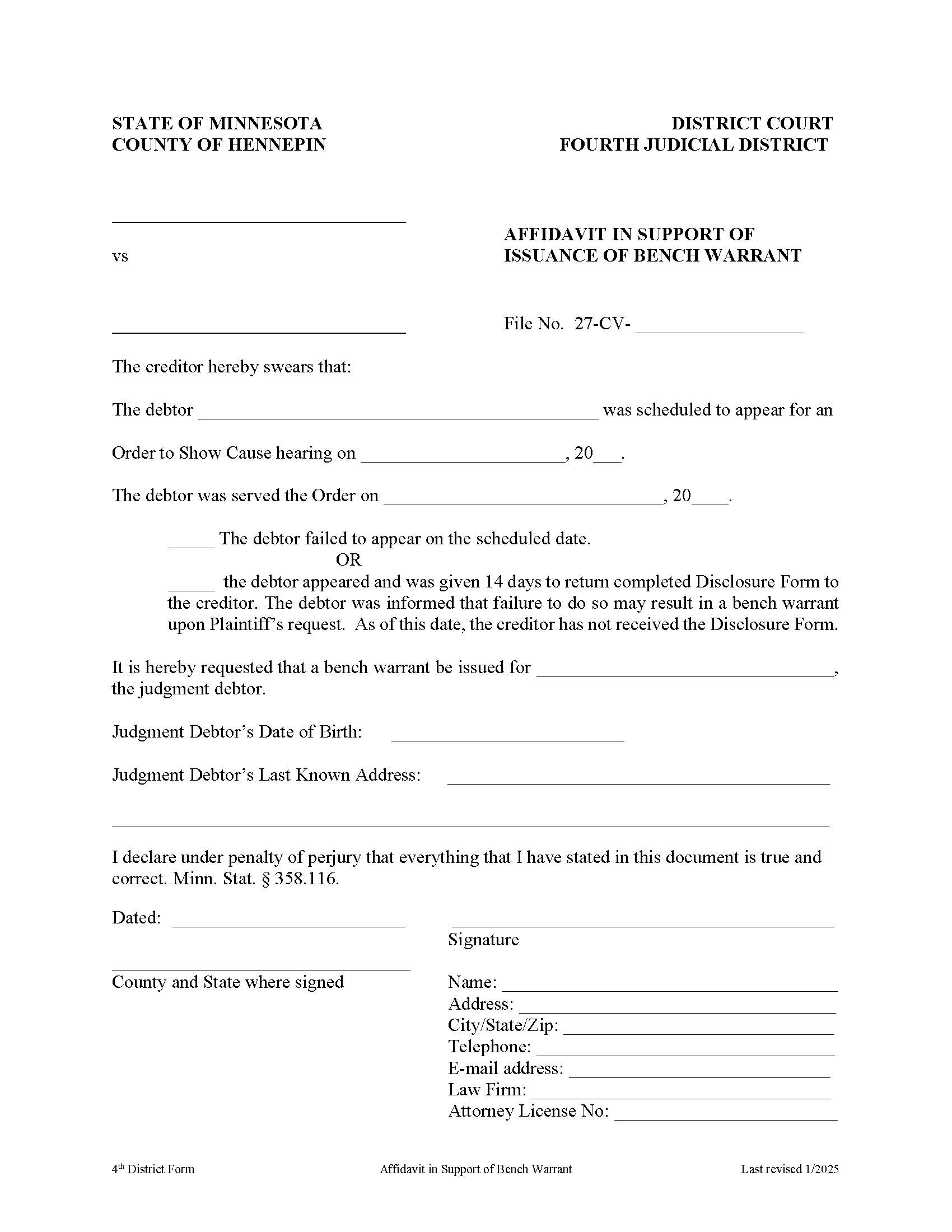 Affidavit In Support Of Issuance Of Bench Warrant | Pdf Fpdf Doc Docx | Minnesota