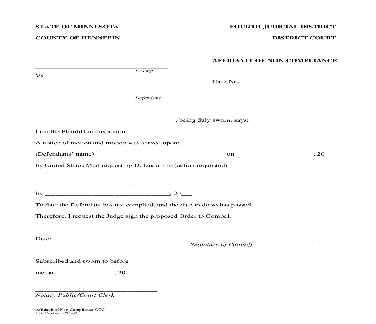 Affidavit Of Non Compliance (With Notice Of Motion And Motion) | Pdf Fpdf Doc Docx | Minnesota