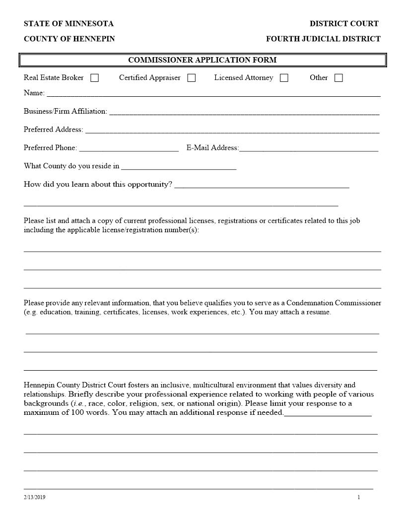 Commissioner Application Form | Pdf Fpdf Docx | Minnesota
