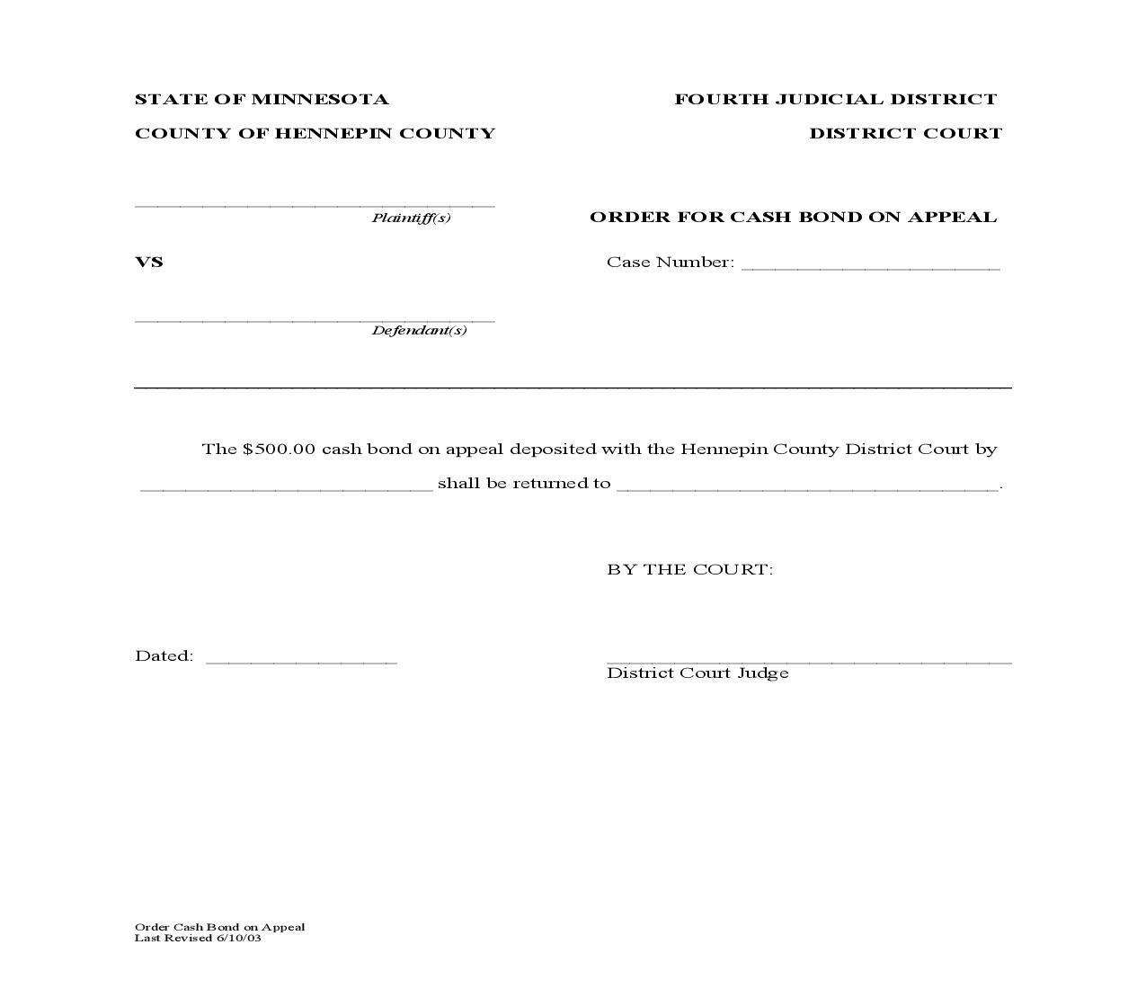 Order For Cash Bond On Appeal | Pdf Fpdf Doc Docx | Minnesota