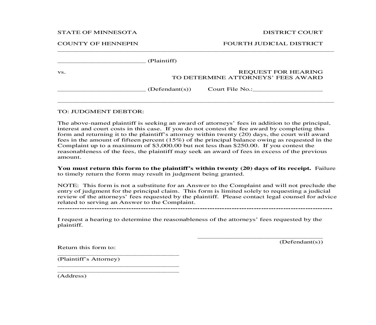 Request For Hearing To Determine Attorneys Fees Award | Pdf Fpdf Doc Docx | Minnesota