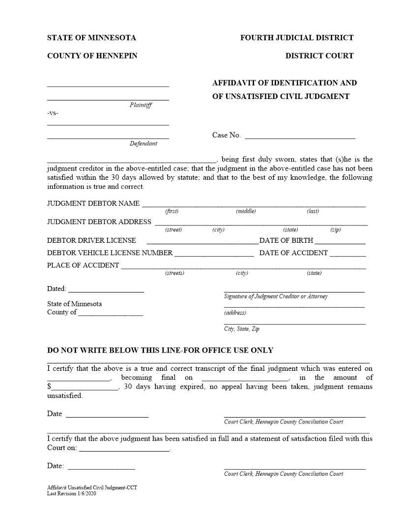 Affidavit Of Identification Unsatisfied Civil Judgment | Pdf Fpdf Docx | Minnesota