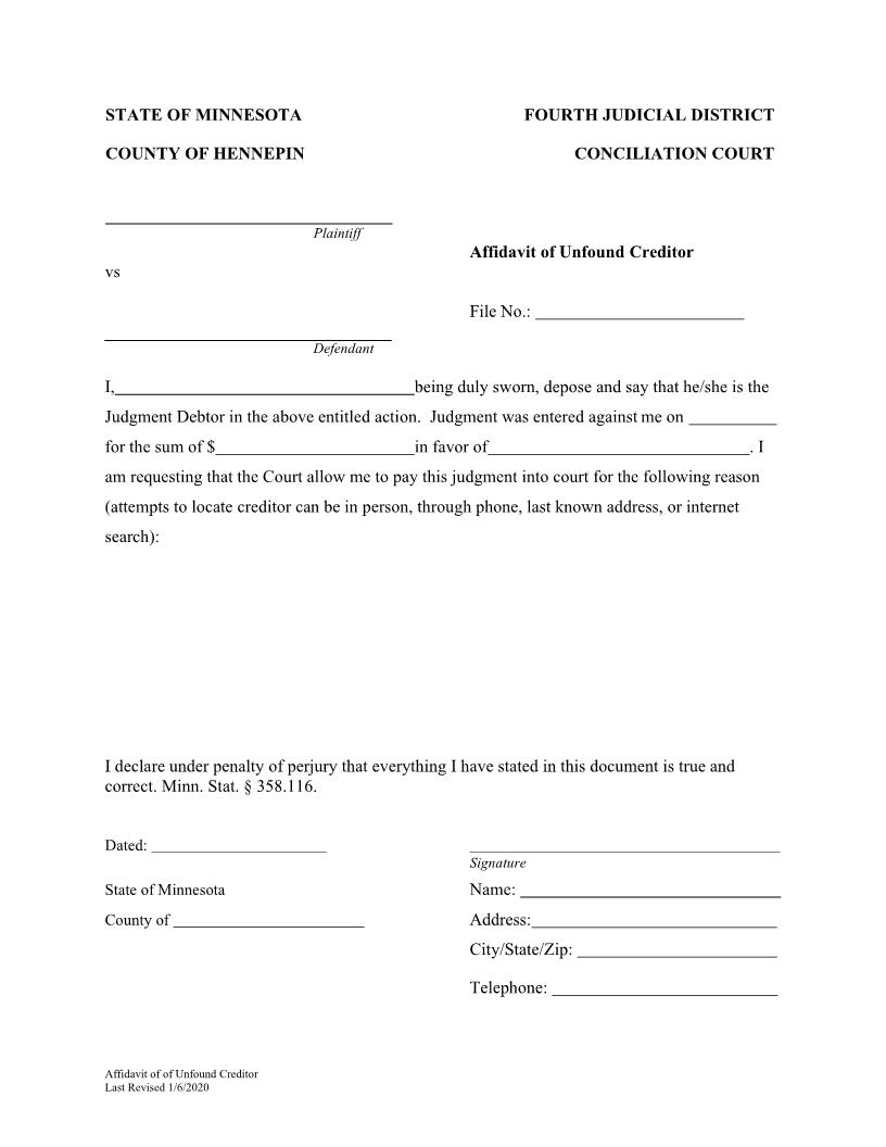 Affidavit Of Unfound Creditor | Pdf Fpdf Docx | Minnesota