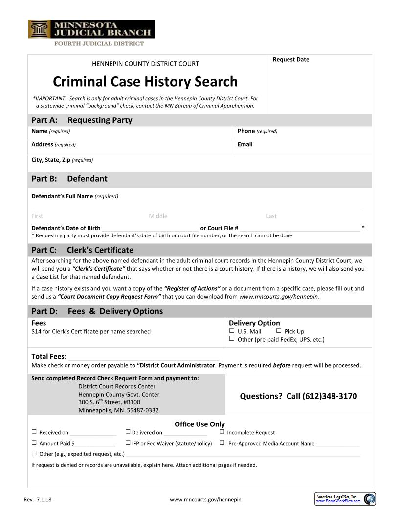 Criminal Case History Search Form | Pdf Fpdf Docx | Minnesota