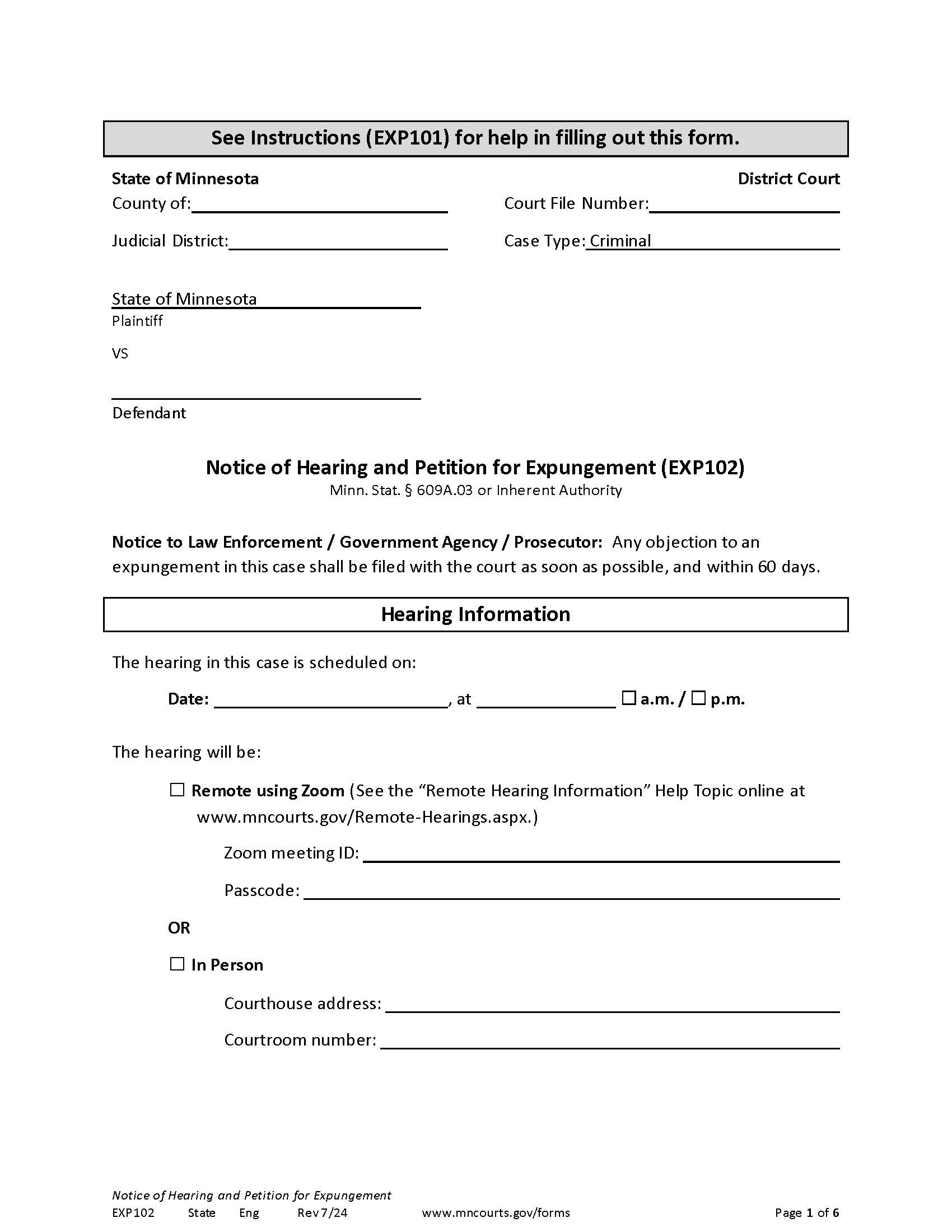 Criminal Expungement {EXP102} | Pdf Fpdf Docx | Minnesota