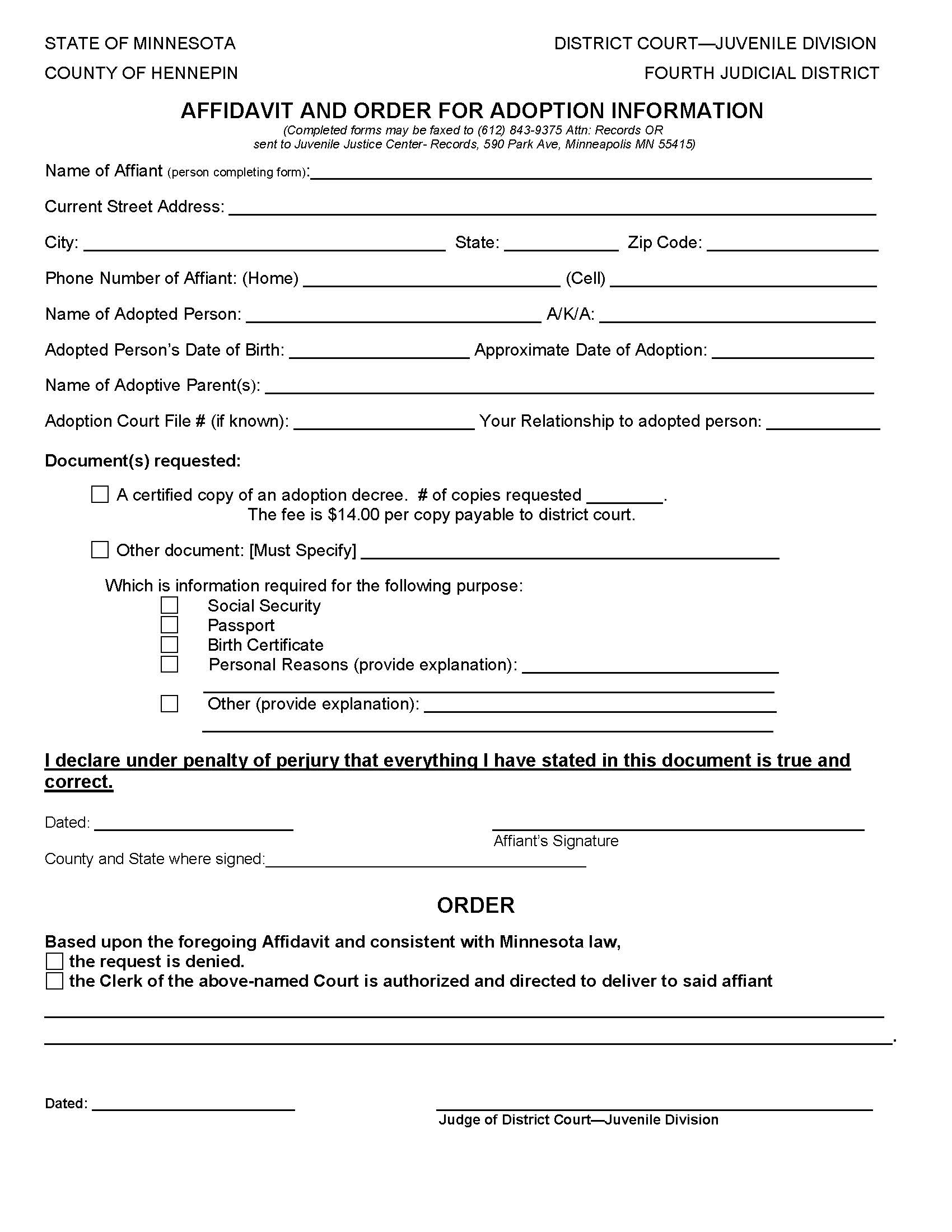 Affidavit And Order For Adoption Information | Pdf Fpdf Doc Docx | Minnesota