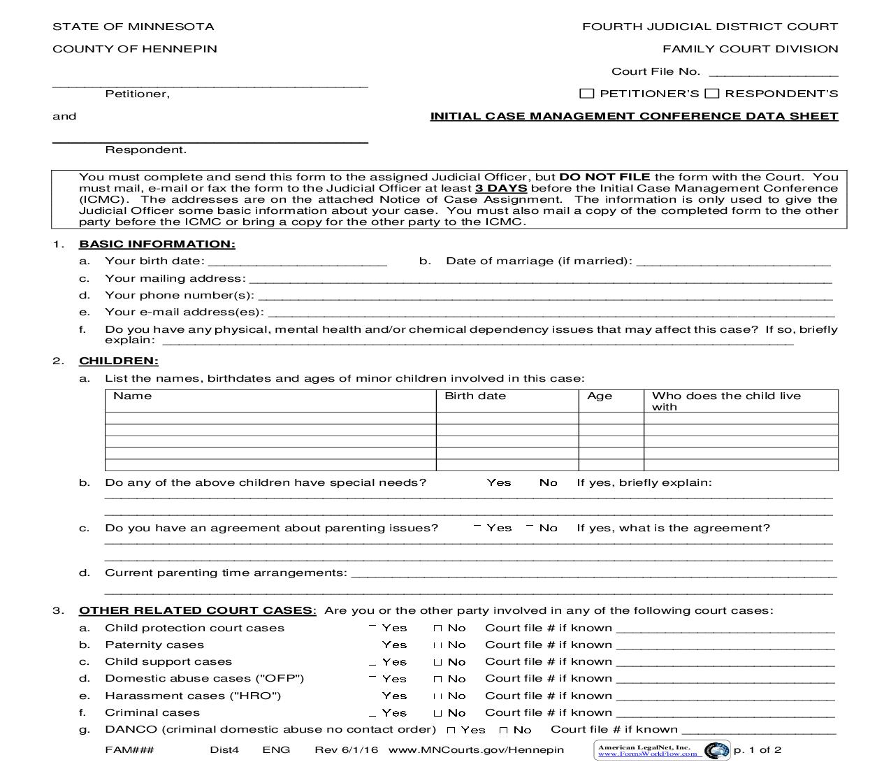 Initial Case Management Conference Data Sheet | Pdf Fpdf Doc Docx | Minnesota