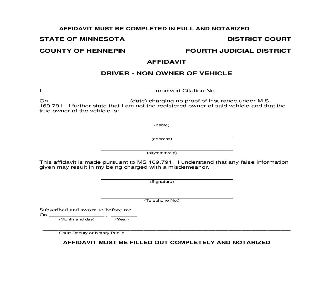 Affidavit Of Driver Non Owner Of Vehicle | Pdf Fpdf Doc Docx | Minnesota