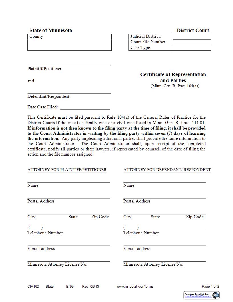 Certificate Of Representation And Parties {CIV102} |  | Minnesota