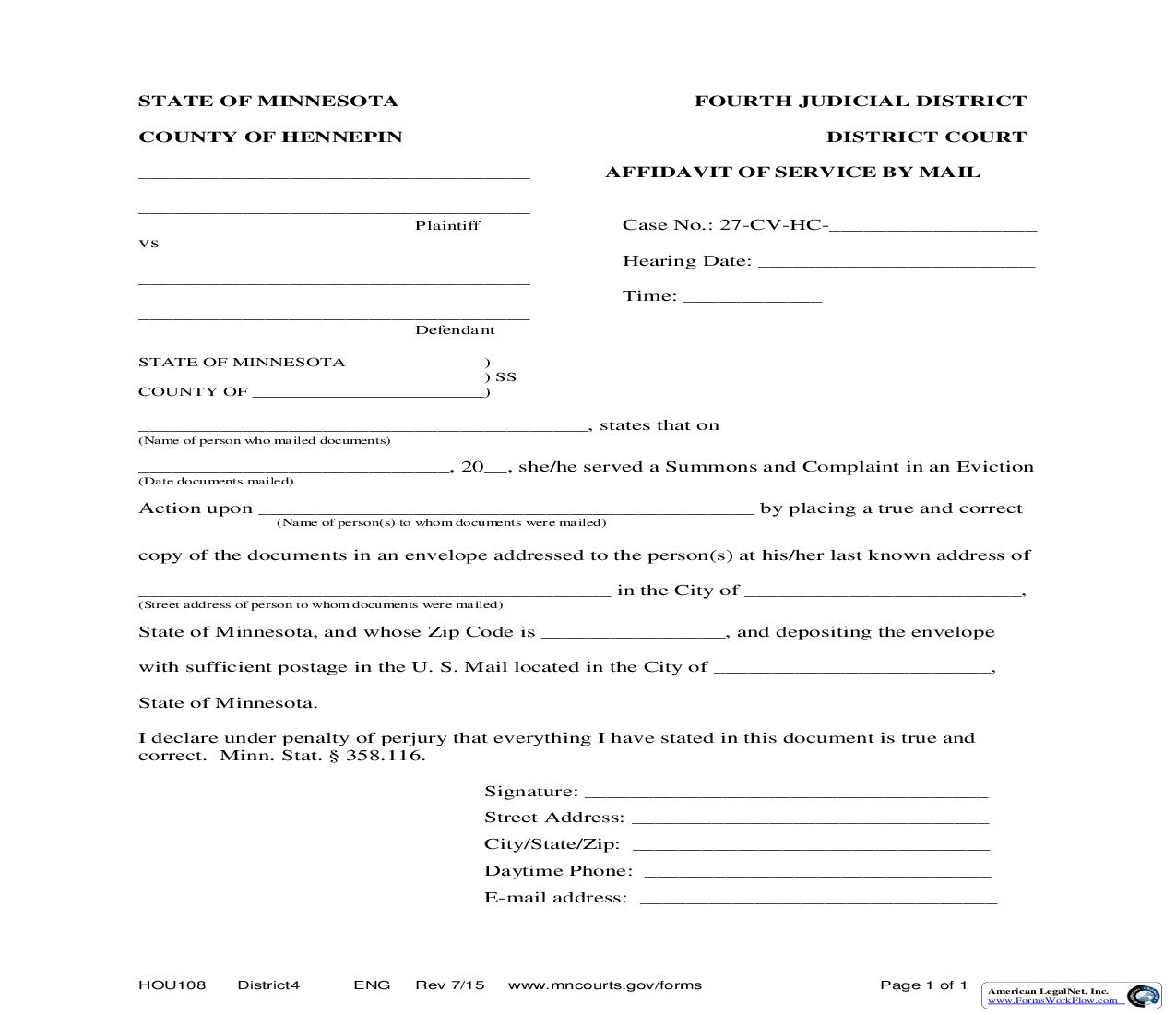 Affidavit Of Service By Mail |  | Minnesota