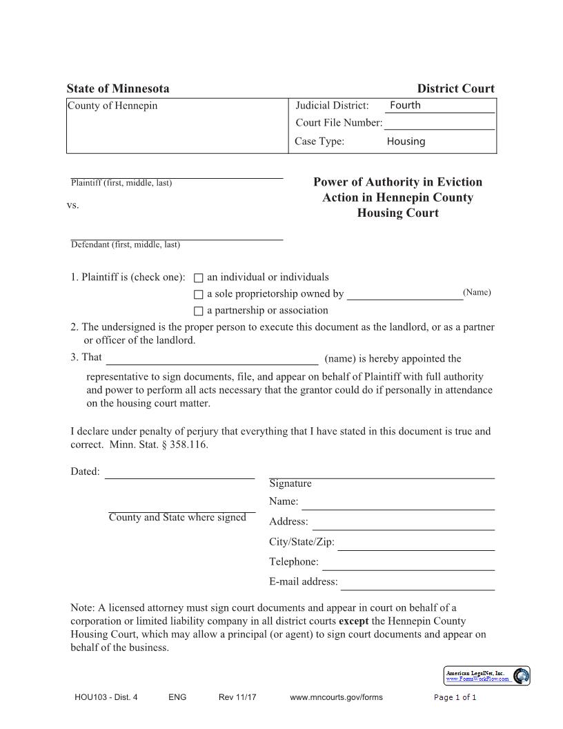 Power Of Authority In Eviction Action {HOU103} | Pdf Fpdf Docx | Minnesota
