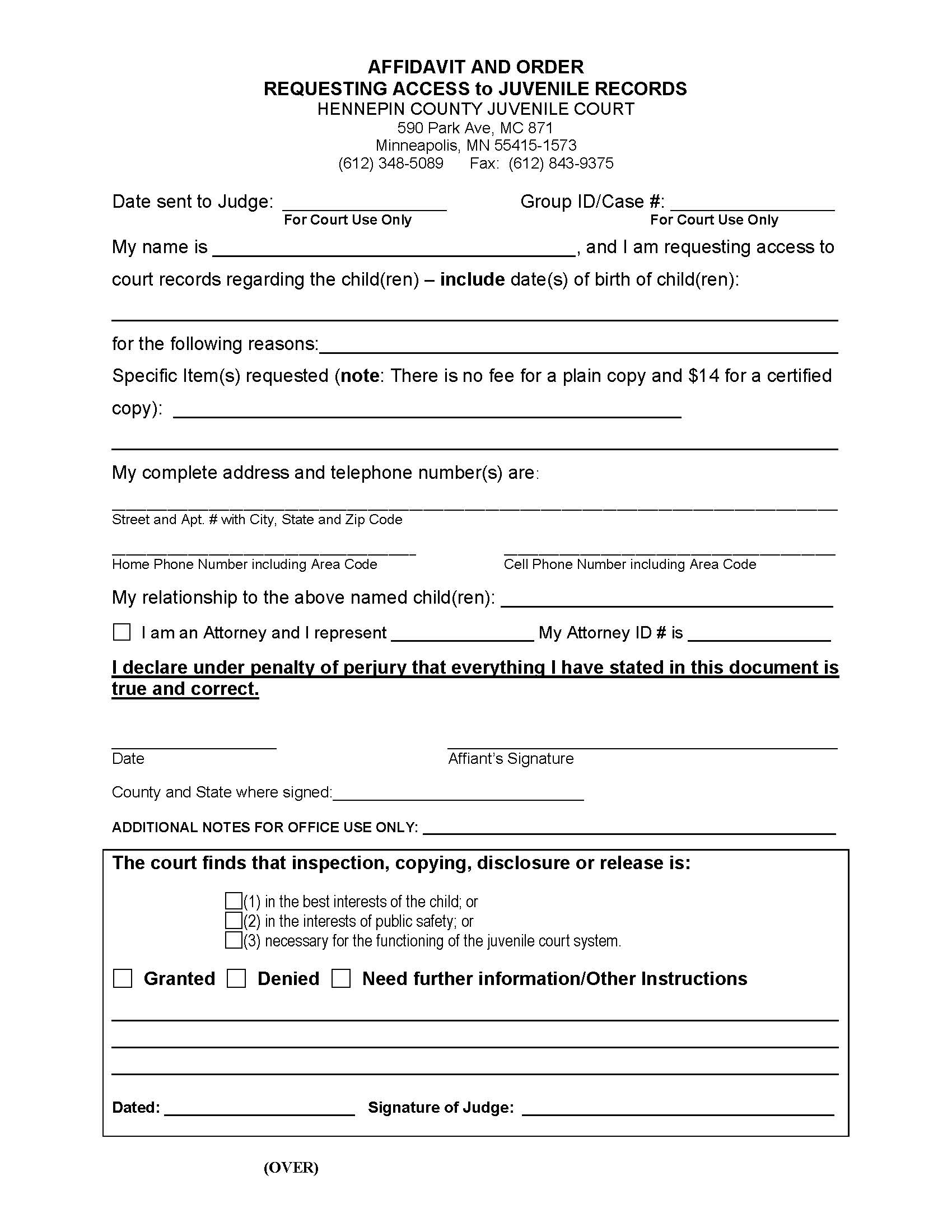 Affidavit For Access To Juvenile Court Record | Pdf Fpdf Docx | Minnesota