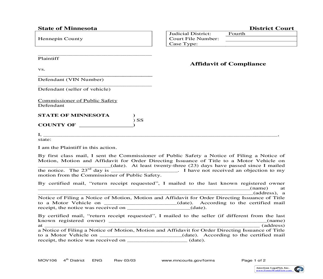 Affidavit Of Compliance {MOV106} |  Docx | Minnesota
