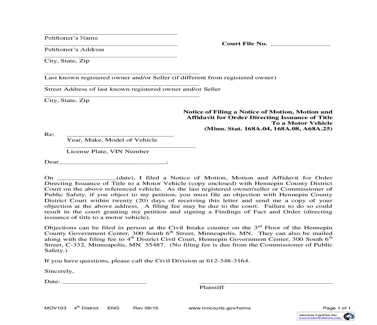 Notice Of Filing A Notice Of Motion - Motion And Affidavit For Order Directing Issuance Of Title {MOV103} |  Docx | Minnesota